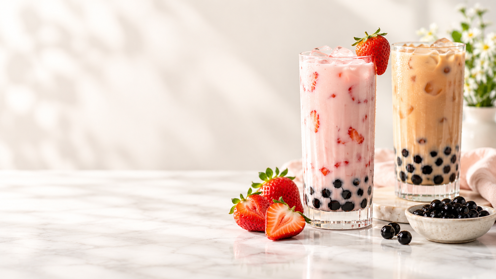 Strawberry milk tea and classic milk tea with tapioca pearls